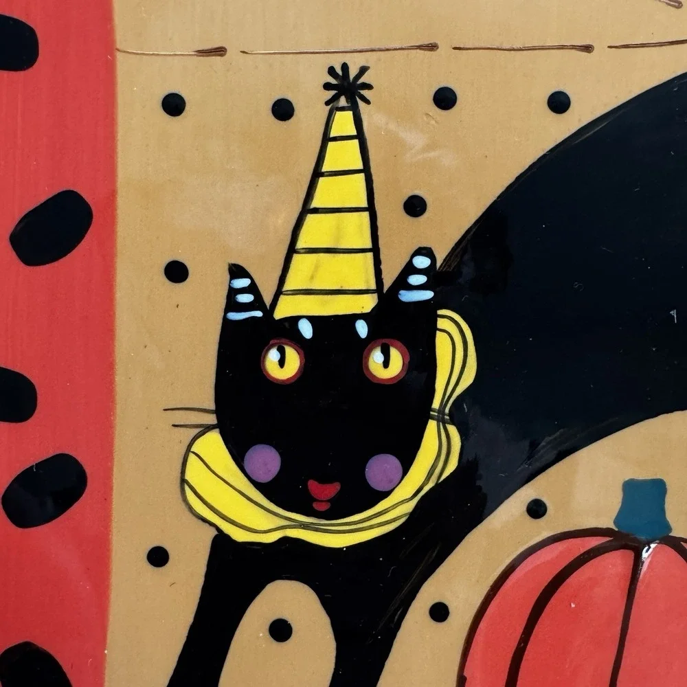 Sharon Bloom Handpainted Halloween Black Cat Ceramic Plate Hanger Wall Art 9.5